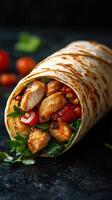 Delicious grilled chicken wrap filled with fresh vegetables on a dark background photo