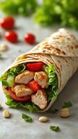 Fresh and flavorful chicken wrap with vegetables and nuts prepared on a rustic table photo