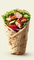 Healthy grilled chicken wrap with fresh vegetables and soft tortilla served on a light background photo