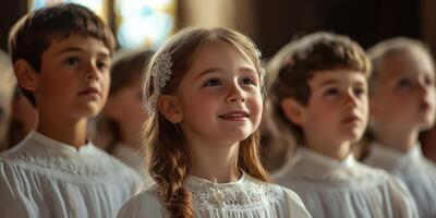 Children singing joyfully in a church during a choir rehearsal in the afternoon light photo