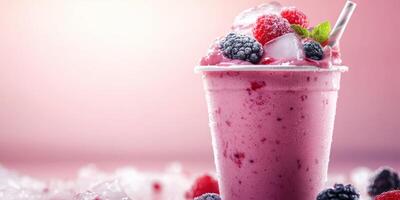 Refreshing fruit smoothie with ice and berries served in a clear cup against a pink background during a summer afternoon photo