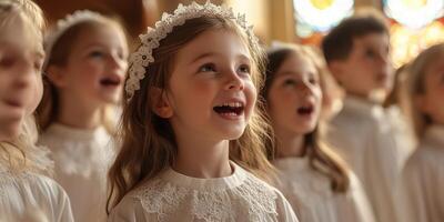 Children singing joyfully during a choir performance in a beautiful church setting with stained glass windows photo