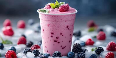 Refreshing berry smoothie in a cup surrounded by fresh fruit on a cool surface photo