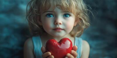 Child holding a red heart in a soft and dreamy atmosphere with bright blue eyes and tousled hair photo