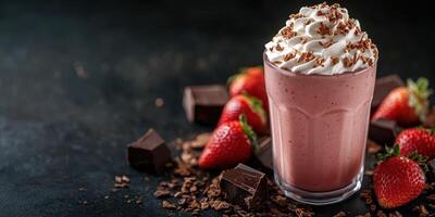 Delicious chocolate strawberry milkshake served with fresh strawberries and chocolate pieces on a dark background photo
