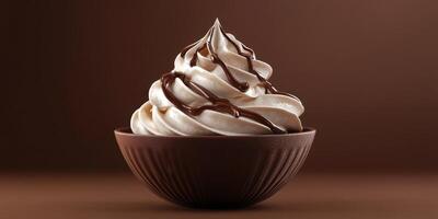 Delicious soft serve ice cream topped with chocolate sauce served in a brown bowl photo