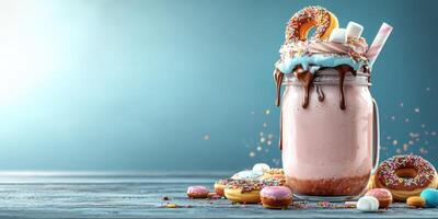 Delicious milkshake topped with donuts, sprinkles, and colorful candies created for a vibrant dessert display photo
