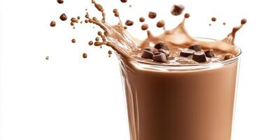 Chocolate milk splash creates delightful visual appeal in glass with chocolate chunks photo