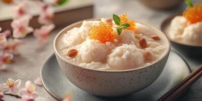 Delicious dessert bowl featuring white sweet rice balls with orange toppings and garnished with nuts, set in a quaint setting photo