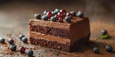Rich chocolate cake topped with fresh blueberries and red currants on a wooden surface with scattered crumbs photo