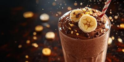 Delicious chocolate banana smoothie served in a tall glass with a straw and toppings at a cozy cafe photo