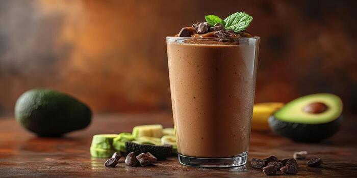 Delicious chocolate avocado smoothie served in a tall glass with garnish on a rustic wooden table photo