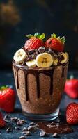 Delicious chocolate and chia seed pudding topped with fresh strawberries and banana slices in a glass photo
