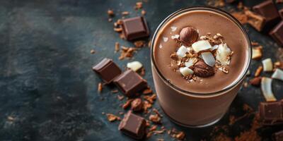Indulgent chocolate drink topped with nuts and chocolate pieces on a dark surface photo
