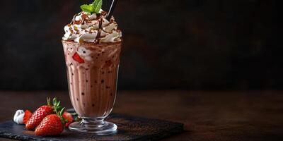 Delicious chocolate milkshake topped with whipped cream and strawberries served in a tall glass on a wooden table photo