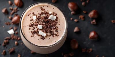Delicious chocolate smoothie topped with coconut flakes and cocoa nibs served in a clear glass on a dark surface photo