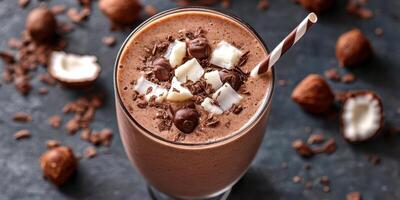 Delicious chocolate coconut smoothie garnished with chocolate shavings and nuts served in a clear glass on a dark surface photo