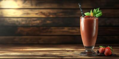 Refreshing strawberry smoothie served in a tall glass on a wooden table surrounded by fresh strawberries photo
