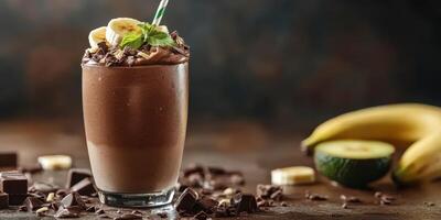 Chocolate banana smoothie with fresh ingredients served in a tall glass on a wooden surface photo