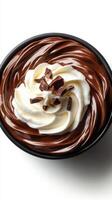 Decadent chocolate dessert topped with whipped cream and chocolate shavings in a black bowl photo