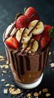 Decadent chocolate smoothie topped with fresh strawberries and bananas in a glass cup photo