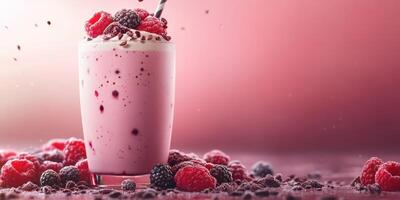 Delicious raspberry smoothie topped with fresh berries on a vibrant pink background photo