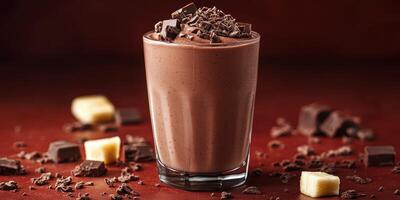Delicious chocolate smoothie topped with shavings and chunks, served in a glass on a wooden table photo