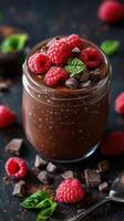 Indulgent chocolate dessert topped with fresh raspberries and mint served in a glass jar for a delightful treat photo