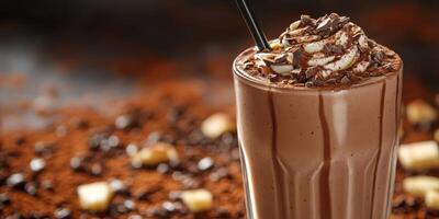 Thick chocolate milkshake topped with whipped cream and chocolate shavings on a wooden surface photo