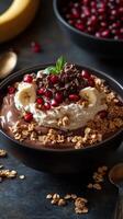 Delicious chocolate yogurt bowl topped with banana, pomegranate, and granola served in a sleek black bowl photo