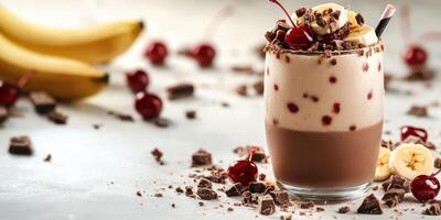Delicious chocolate banana milkshake topped with cherries in a cozy kitchen setting photo
