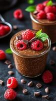 Delicious chocolate dessert with raspberries and mint on a dark countertop photo