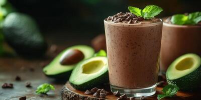 Creamy avocado chocolate shake garnished with mint leaves and chocolate chips on a wooden table photo