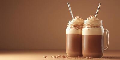 Delicious chocolate milkshakes topped with whipped cream and chocolate syrup served in glass jars photo