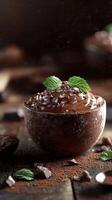 Rich chocolate mousse topped with mint leaves and chocolate shavings in a rustic setting photo