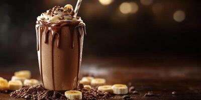 Delicious chocolate banana shake with whipped cream and chocolate drizzle served in a glass cup at a cozy cafe setting photo