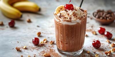 Delicious chocolate banana milkshake topped with whipped cream and cherry amid fresh ingredients on a rustic surface photo