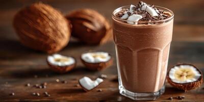 Delicious chocolate and coconut smoothie served in a tall glass with cocoa sprinkles and fresh coconut pieces photo