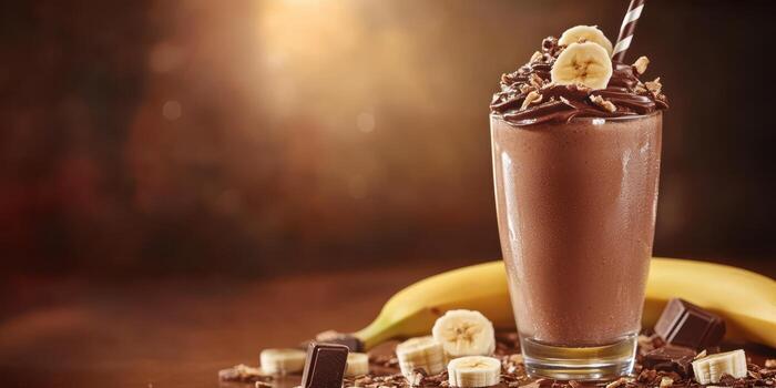Delicious chocolate banana smoothie served in a tall glass with toppings on a wooden table photo