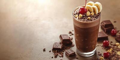 Enjoying a rich chocolate shake topped with banana and cherry on a wooden surface photo