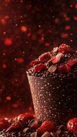 Indulgent chocolate treat with strawberries and cacao nibs in a creative setting photo