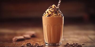 Delicious chocolate shake topped with whipped cream and chocolate sprinkles served in a tall glass on a rustic table photo