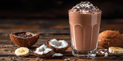 Creamy chocolate smoothie with coconut and banana on a rustic wooden table photo