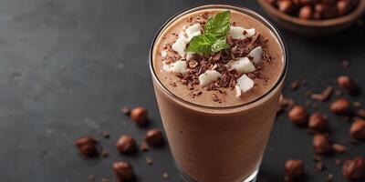 Delicious creamy chocolate smoothie topped with mint and shaved chocolate on a dark surface photo