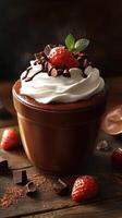 Indulgent chocolate dessert with whipped cream and fresh strawberries on a rustic wooden table in soft lighting photo