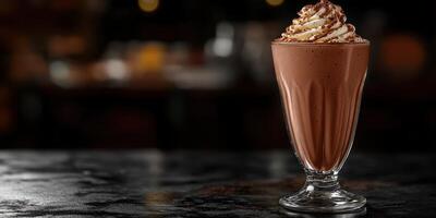 Creamy chocolate milkshake served in a tall glass topped with whipped cream and chocolate sprinkles photo