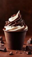 Deliciously swirled chocolate and vanilla soft serve in a cup with chocolate shards around it photo