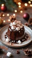 Delicious chocolate dessert topped with marshmallows during festive celebrations in a cozy environment photo