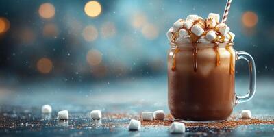 Warm and cozy hot chocolate with marshmallows in a glass jar on a winter evening photo