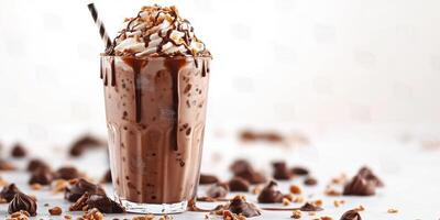 Delicious chocolate dessert drink topped with whipped cream and crunchy bits photo
